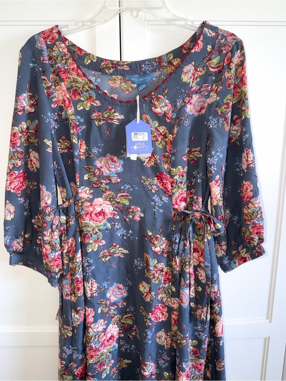 New! April Cornell Victorian Rose Slate Blue Midi Dress Pink Roses Side Ties - Picture 7 of 12